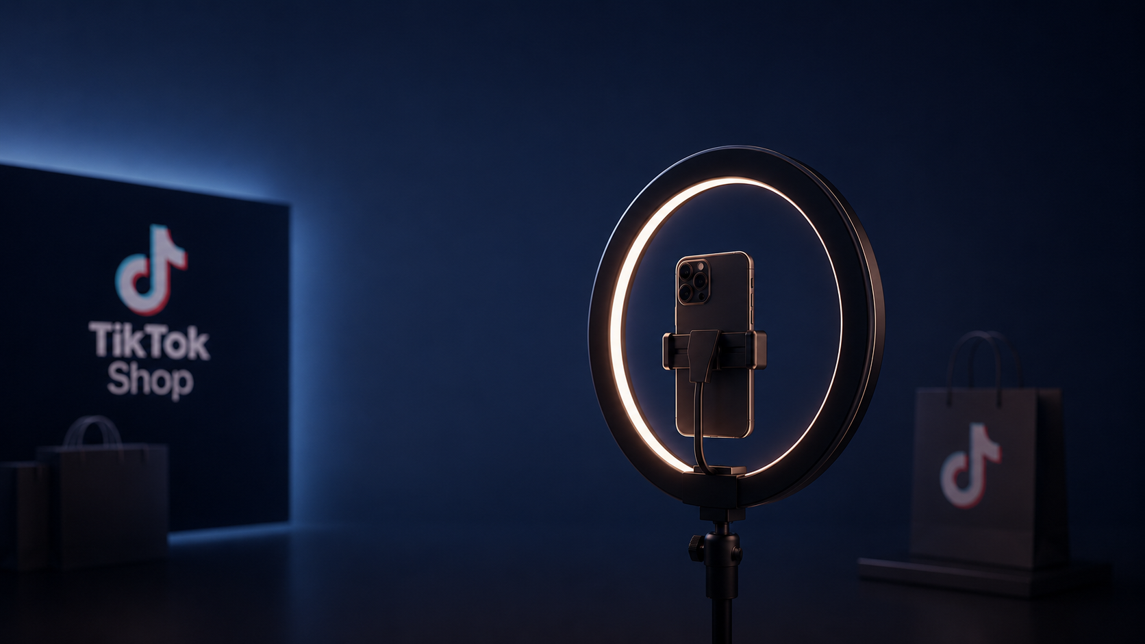 Ring light com smartphone em ambiente de criação de conteúdo